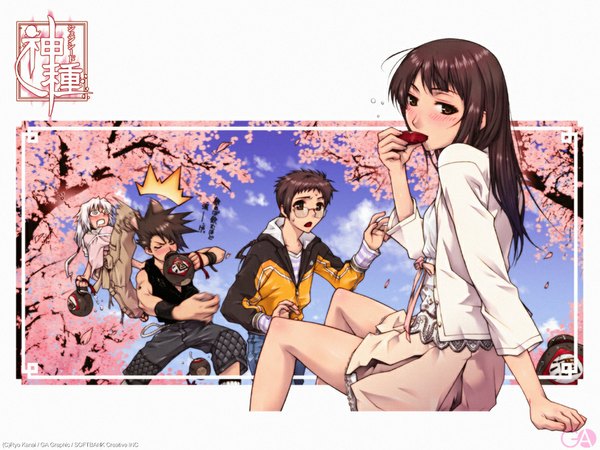 Anime picture 1024x768 with gagraphic kanai ryo long hair looking at viewer short hair brown hair sitting multiple girls brown eyes sky silver hair cloud (clouds) outdoors multiple boys wallpaper cherry blossoms border outside border drinking drunk