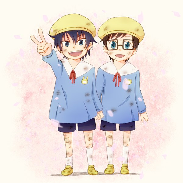 Anime picture 1024x1024 with ao no exorcist a-1 pictures okumura rin okumura yukio tagme (artist) short hair open mouth blue eyes black hair simple background multiple boys holding hands victory bandaid on leg bandaid on knee boy uniform glasses 2 boys bandaid