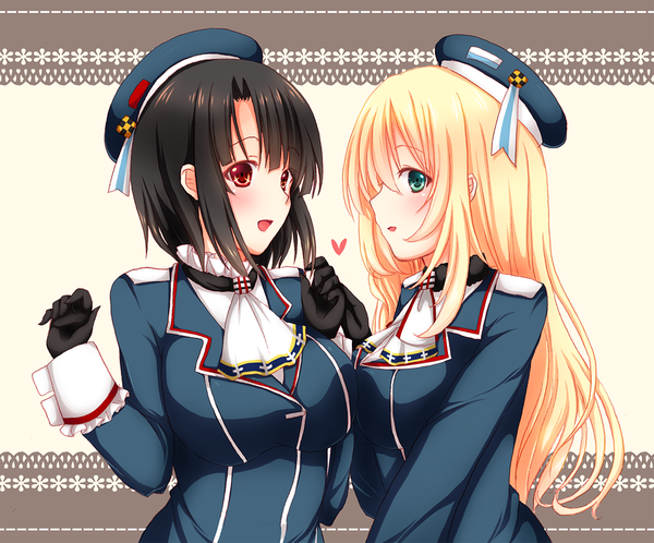 Anime picture 1000x831 with kantai collection atago heavy cruiser takao heavy cruiser sotogawa max long hair looking at viewer blush short hair open mouth blue eyes black hair blonde hair red eyes multiple girls girl dress gloves 2 girls beret