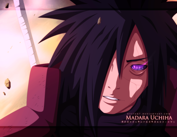 Anime picture 3700x2867 with naruto studio pierrot naruto (series) uchiha madara nyster7 single long hair fringe highres black hair purple eyes absurdres light smile sunlight hair over one eye inscription coloring glowing close-up face