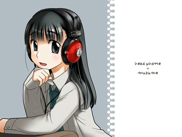 Anime picture 1024x768 with headphone + musume ootsuka mahiro single long hair looking at viewer fringe open mouth black hair simple background white background upper body grey background grey eyes copyright name chin rest girl shirt necktie headphones