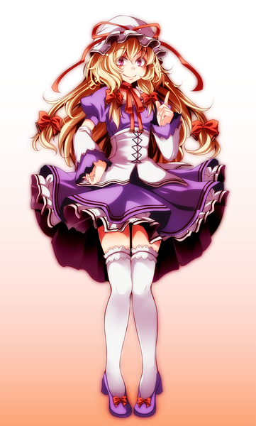 Anime picture 1505x2500 with touhou yakumo yukari s-syogo single long hair tall image looking at viewer blonde hair smile girl thighhighs dress bow hair bow white thighhighs bonnet
