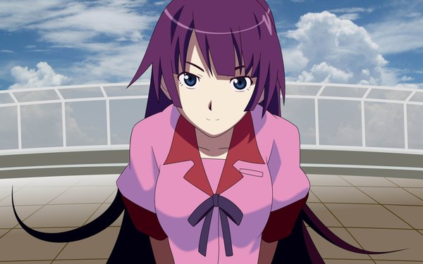 Anime picture 3840x2400 with bakemonogatari shaft (studio) monogatari (series) senjougahara hitagi long hair looking at viewer highres blue eyes wide image sky purple hair vector girl uniform school uniform