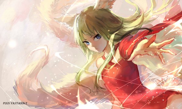 Anime picture 1700x1020 with original pixiv fantasia pixiv fantasia t sishenfan single long hair looking at viewer fringe blue eyes blonde hair wide image animal ears tail animal tail wind inscription outstretched arm magic serious girl
