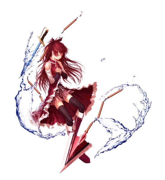 Anime picture 2234x2446 with mahou shoujo madoka magica shaft (studio) sakura kyouko lain (rinlain) single long hair tall image highres white background bare shoulders ponytail red hair eyes closed girl thighhighs dress weapon black thighhighs detached sleeves sword