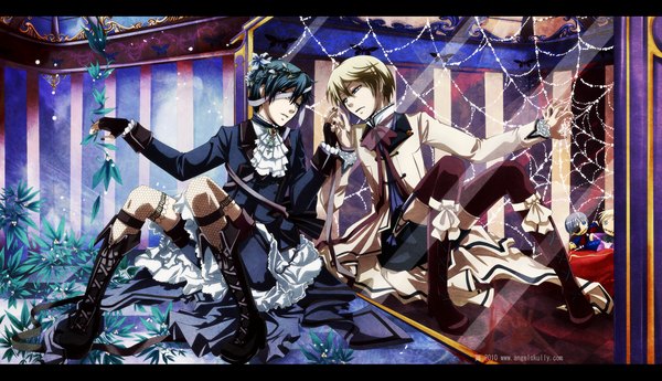 Anime picture 1575x906 with kuroshitsuji a-1 pictures ciel phantomhive alois trancy kuro-mai short hair blue eyes blonde hair wide image sitting blue hair nail polish aqua hair multiple boys letterboxed crossed arms bandage over one eye victorian boy flower (flowers)