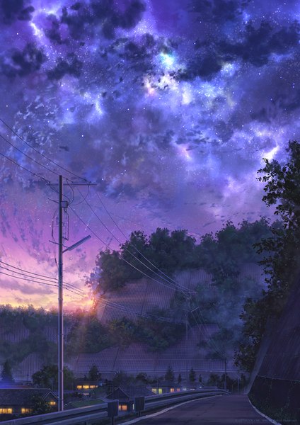 Anime picture 1060x1500 with original niko p tall image cloud (clouds) sunlight night night sky evening sunset no people scenic city lights fog milky way plant (plants) tree (trees) building (buildings) star (stars) sun railing