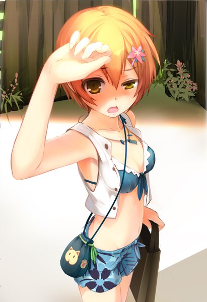 Anime picture 850x1240 with love live! school idol project sunrise (studio) love live! hoshizora rin rods single tall image looking at viewer short hair open mouth yellow eyes from above orange hair summer girl hair ornament shorts hairclip bag vest