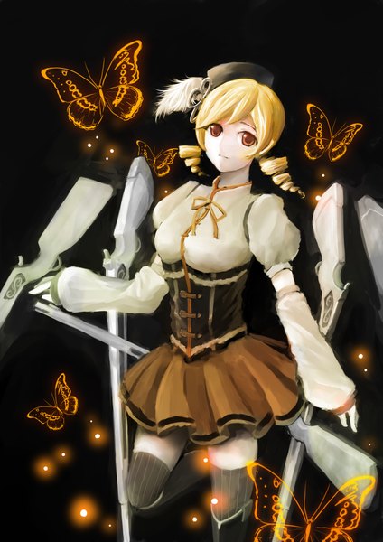 Anime picture 2480x3507 with mahou shoujo madoka magica shaft (studio) tomoe mami giraffe (artist) single tall image looking at viewer highres blonde hair twintails brown eyes drill hair underbust girl thighhighs weapon hat boots gun insect
