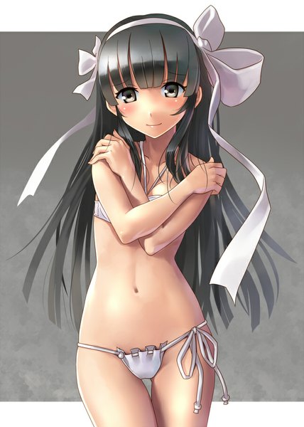 Anime picture 642x900 with original katahira masashi single long hair tall image looking at viewer blush light erotic black hair smile bare shoulders brown eyes bare belly covering covering breasts girl navel ribbon (ribbons) hair ribbon side-tie bikini