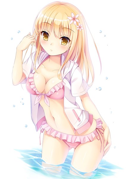 Anime picture 992x1403 with original umitonakai single long hair tall image looking at viewer blush breasts light erotic blonde hair white background yellow eyes hair flower ass visible through thighs girl navel flower (flowers) swimsuit bikini