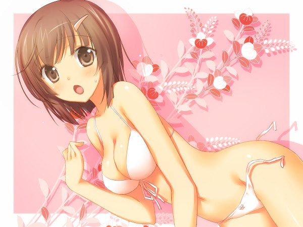 Anime picture 1200x900 with original 47agdragon single looking at viewer blush short hair breasts open mouth light erotic brown hair brown eyes shadow border pink background outside border floral background girl hair ornament swimsuit bikini