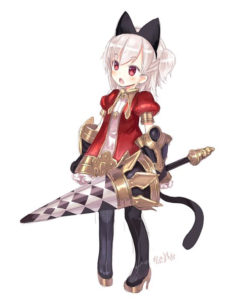 Anime picture 1151x1488 with tree of savior original kaburi chiko capriccio single tall image blush short hair open mouth simple background red eyes standing white background holding animal ears looking away silver hair full body cat ears short sleeves