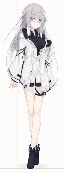 Anime picture 806x2164 with original nagishiro mito single long hair tall image fringe simple background hair between eyes white background payot silver hair full body braid (braids) open jacket grey eyes fur trim side braid crossed legs (standing) girl shoes