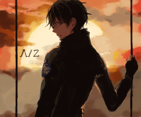 Anime picture 1080x900 with aldnoah.zero a-1 pictures kaizuka inaho ecrumist single looking at viewer short hair black hair brown eyes sky cloud (clouds) looking back from behind back boy gloves uniform fingerless gloves military uniform
