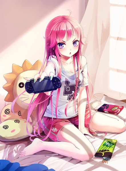Anime picture 969x1318 with original wait (artist) single long hair tall image blush open mouth sitting purple eyes pink hair nail polish barefoot wariza strap slip girl shorts sweets pillow bed blouse