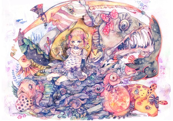 Anime picture 2480x1748 with original houmuari highres blonde hair nail polish pink eyes fingernails teeth fang (fangs) long fingernails girl dress bow plant (plants) hair bow hat thigh boots fish (fishes) notebook