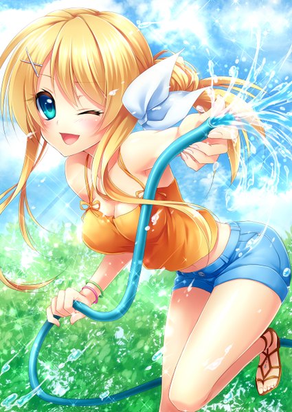 Anime picture 1000x1412 with original ueno tsuki single long hair tall image looking at viewer blush fringe breasts open mouth blue eyes blonde hair standing sky cloud (clouds) one eye closed wink outstretched arm girl hair ornament