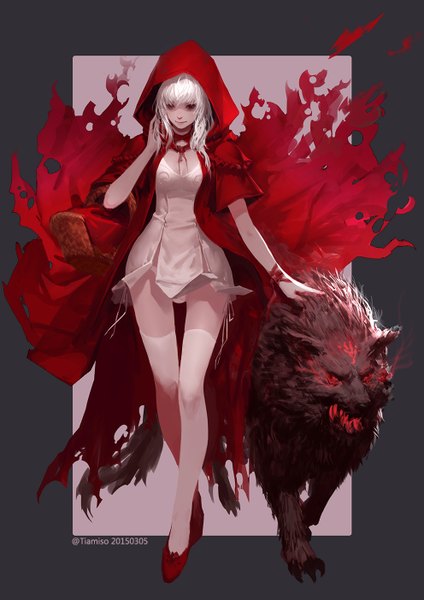 Anime picture 992x1403 with little red riding hood little red riding hood (character) big bad wolf tiamiso long hair tall image fringe breasts light erotic smile holding white hair midriff glowing glowing eye (eyes) walking girl thighhighs dress underwear