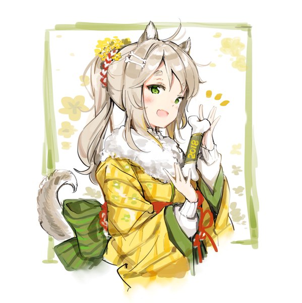 Anime picture 2044x2048 with original anmi single long hair tall image looking at viewer blush fringe highres open mouth smile white background holding green eyes animal ears silver hair upper body ahoge tail traditional clothes