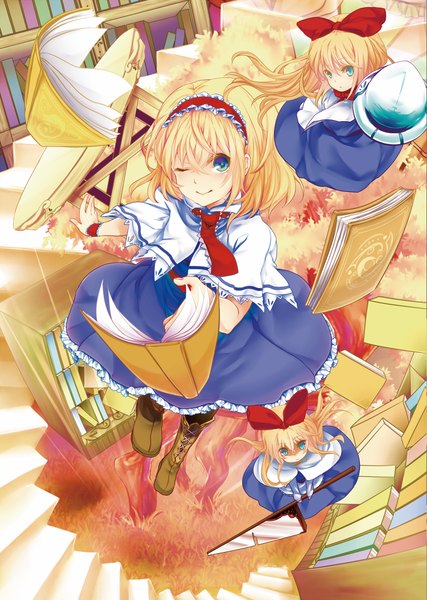 Anime picture 712x1000 with touhou alice margatroid shanghai rimu (kingyo origin) long hair tall image short hair blue eyes blonde hair smile indoors one eye closed from above wink looking up girl dress bow weapon hair bow