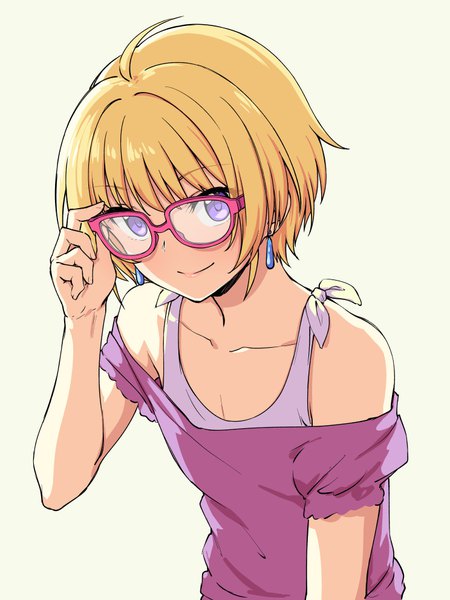 Anime picture 744x992 with idolmaster idolmaster side-m pierre (idolmaster) pas (paxiti) single tall image looking at viewer short hair blonde hair simple background smile purple eyes bare shoulders ahoge upper body otoko no ko casual adjusting glasses bespectacled boy