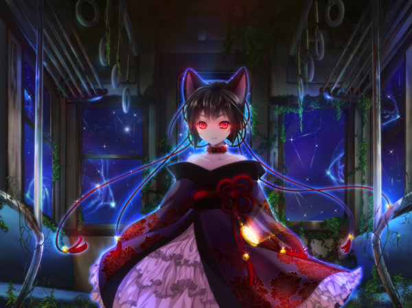Anime picture 1800x1345 with original itto maru single looking at viewer fringe highres short hair black hair smile red eyes standing bare shoulders animal ears traditional clothes japanese clothes cat ears night cat girl night sky magic