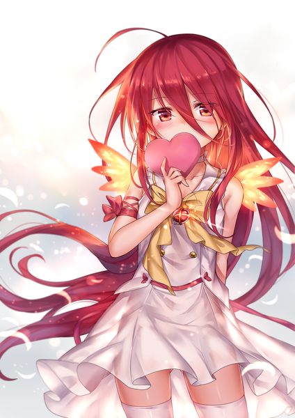 Anime picture 992x1403 with shakugan no shana j.c. staff shana alastor ks single long hair tall image looking at viewer blush fringe light erotic hair between eyes holding brown eyes ahoge red hair wind embarrassed covered mouth