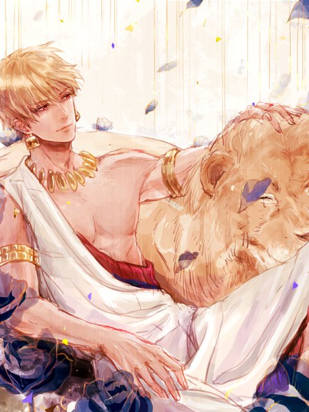 Anime picture 600x800 with fate (series) fate/grand order gilgamesh (fate) saryo single tall image fringe short hair blonde hair hair between eyes red eyes looking away wind reclining boy earrings animal petals bracelet jewelry