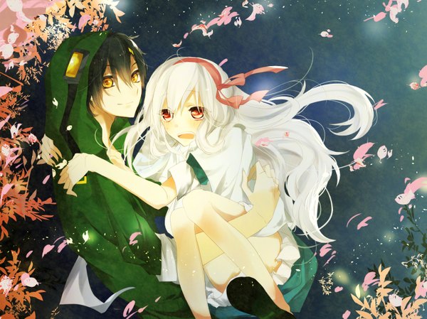 Anime picture 1507x1130 with kagerou project shaft (studio) mary (kagerou project) seto kousuke tagme (artist) long hair looking at viewer blush short hair open mouth black hair smile red eyes holding yellow eyes white hair very long hair hug dark background girl