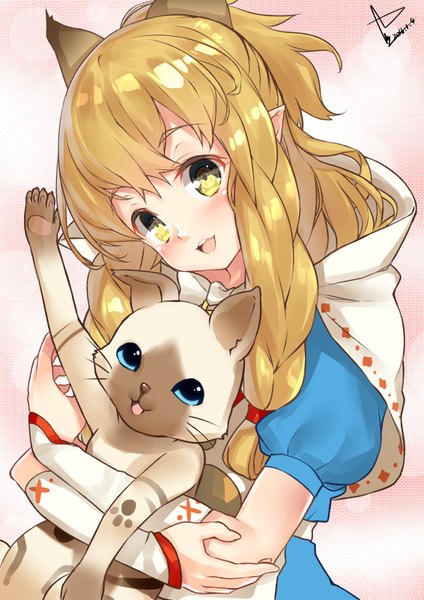 Anime picture 566x800 with monster hunter nekojo yappen single long hair tall image blush fringe open mouth blonde hair signed animal ears yellow eyes ponytail braid (braids) pointy ears cat ears twin braids dated looking down