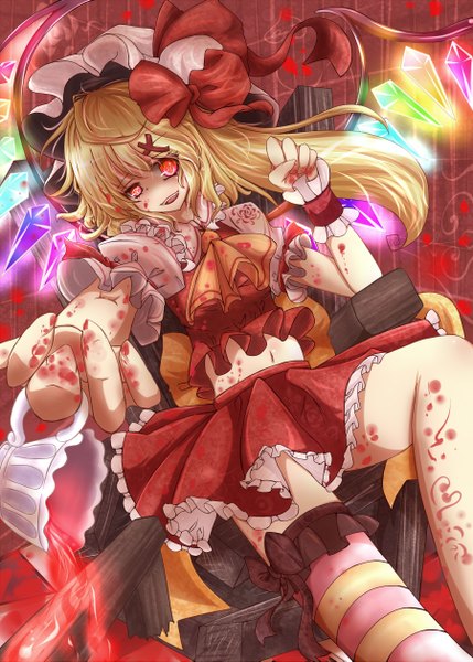 Anime picture 1800x2517 with touhou flandre scarlet haru ion single long hair tall image highres blonde hair red eyes outstretched arm girl skirt navel bow hat wings blood skirt set crystal