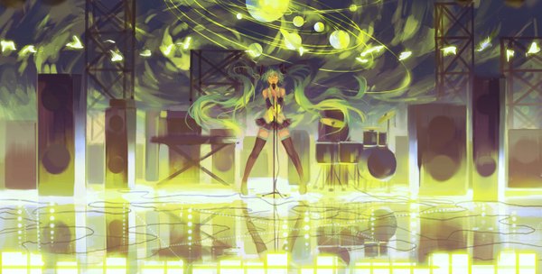 Anime picture 1323x672 with vocaloid hatsune miku 91 single wide image standing bare shoulders very long hair pleated skirt aqua eyes aqua hair reflection singing girl thighhighs skirt black thighhighs detached sleeves insect butterfly