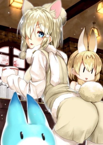 Anime picture 752x1062 with kemono friends serval (kemono friends) crested ibis (kemono friends) lucky beast (kemono friends) alpaca suri (kemono friends) body mahattaya ginga tall image looking at viewer blush fringe short hair open mouth blue eyes light erotic blonde hair smile hair between eyes multiple girls holding animal ears