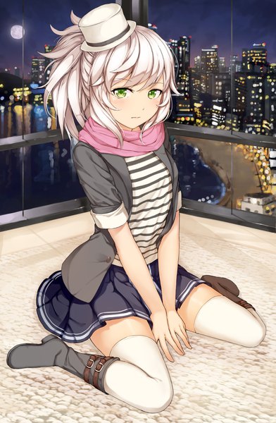 Anime picture 2350x3599 with original hallohi single long hair tall image looking at viewer fringe highres sitting green eyes payot full body white hair ponytail indoors open clothes open jacket city wariza striped