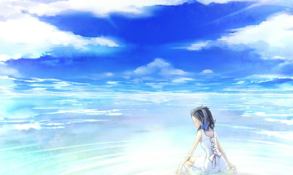 Anime picture 1024x614 with original kyl (artist) single black hair wide image sitting bare shoulders sky cloud (clouds) eyes closed from behind back reflection landscape girl dress hair ornament bow water white dress