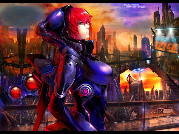 Anime picture 1280x960 with snyp (r0pyns) breasts light erotic yellow eyes red hair futuristic