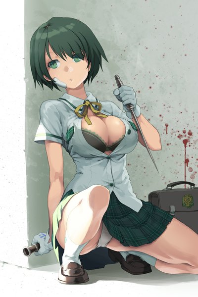Anime picture 640x960 with sword girls blue cross linda lena (zoal) single tall image short hair breasts light erotic black hair large breasts sitting green eyes looking away bent knee (knees) pleated skirt open clothes open shirt kneeling plaid skirt squat