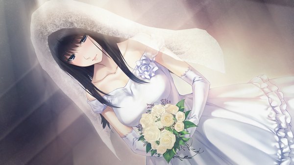 Anime picture 1280x720 with innocent grey sugina miki single long hair blush fringe breasts blue eyes black hair wide image bare shoulders looking away game cg lips wedding girl dress gloves flower (flowers) elbow gloves