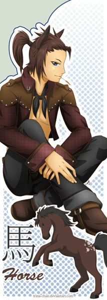 Anime picture 400x1120 with original trina-chan (artist) single tall image looking at viewer blue eyes brown hair sitting holding animal ears ponytail profile open jacket crossed legs mouth hold crossed arms polka dot horse ears polka dot background personification