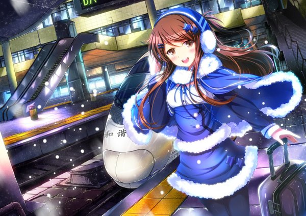 Anime picture 1275x901 with original jianren single long hair looking at viewer blush open mouth brown hair brown eyes dutch angle snowing winter girl dress hairclip headphones train suitcase earmuffs train station