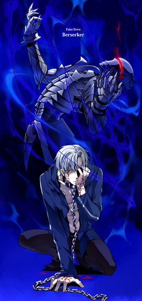 Anime picture 800x1688 with fate (series) fate/zero type-moon berserker (fate/zero) kuro (artist) single tall image short hair grey hair open clothes open jacket tattoo glowing blue background squat covering covering eye (eyes) boy jacket armor