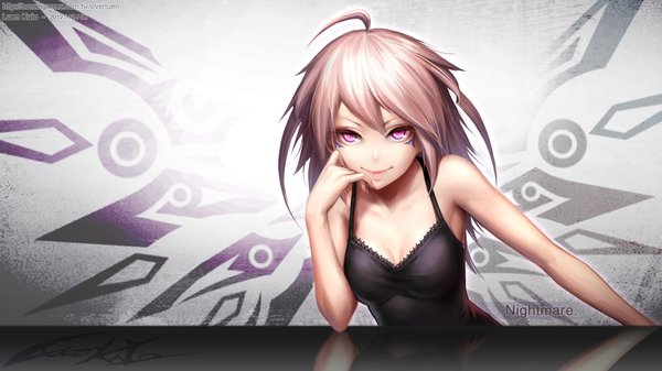 Anime picture 1920x1080 with original luen kulo single long hair looking at viewer highres wide image bare shoulders pink hair ahoge pink eyes light smile facial mark girl