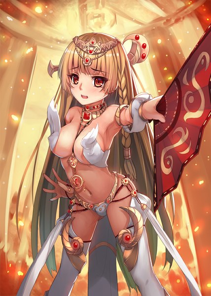 Anime picture 800x1120 with original musynexsk single long hair tall image looking at viewer blush breasts open mouth light erotic blonde hair red eyes braid (braids) girl thighhighs navel hair ornament white thighhighs fan