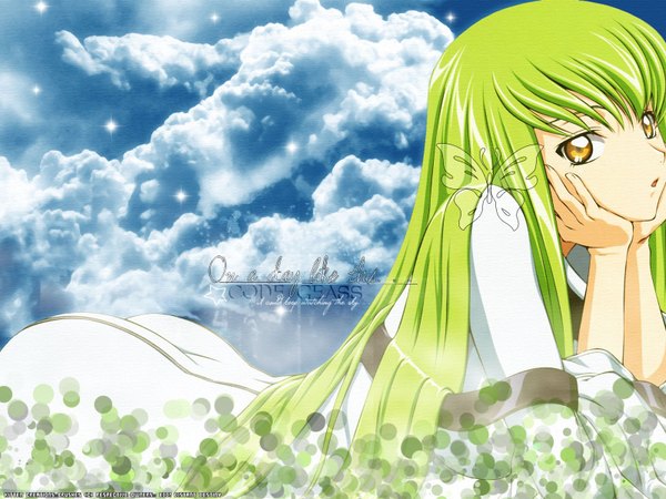 Anime picture 1600x1200 with code geass sunrise (studio) c.c. fukano youichi single long hair fringe brown eyes yellow eyes sky cloud (clouds) ass lying long sleeves parted lips green hair wallpaper third-party edit surprised girl