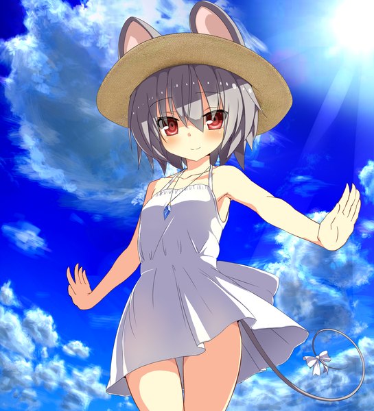 Anime picture 2000x2200 with touhou nazrin greatmosu single tall image looking at viewer blush highres short hair red eyes animal ears sky cloud (clouds) tail animal tail grey hair girl dress hat pendant