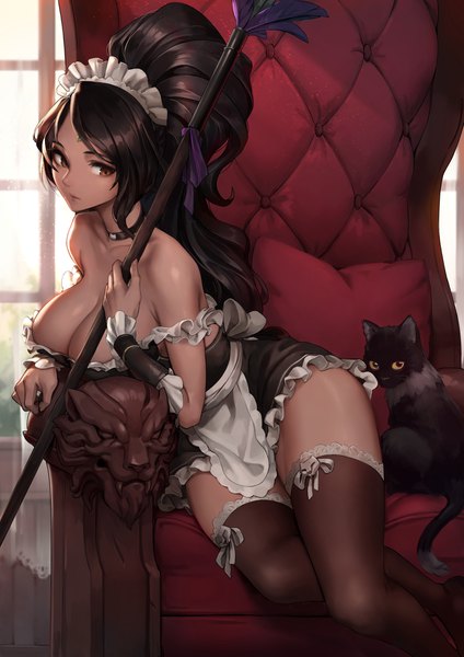 Anime picture 2894x4093 with league of legends nidalee (league of legends) oopartz (grooooovy) single long hair tall image looking at viewer highres breasts light erotic black hair sitting bare shoulders brown eyes cleavage ponytail indoors maid zettai ryouiki huge breasts