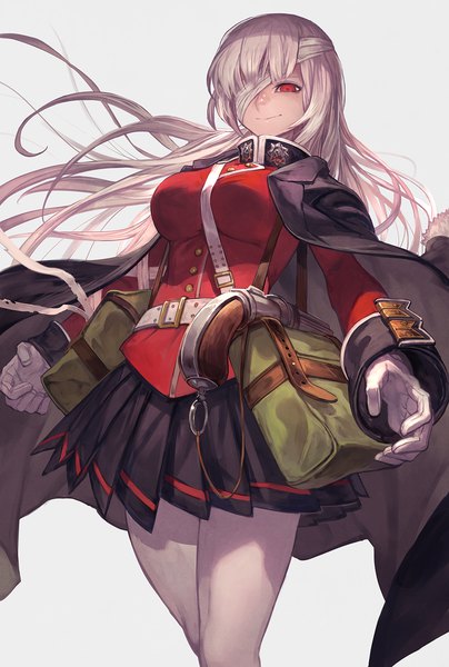 Anime picture 1009x1500 with fate (series) fate/grand order florence nightingale (fate) lack single long hair tall image looking at viewer fringe breasts simple background smile red eyes large breasts long sleeves pleated skirt grey background floating hair clothes on shoulders bandage over one eye