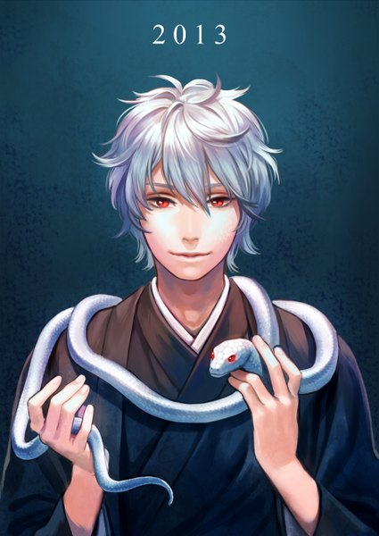 Anime picture 1000x1412 with original esukee single tall image looking at viewer short hair smile red eyes silver hair japanese clothes new year 2013 boy kimono snake