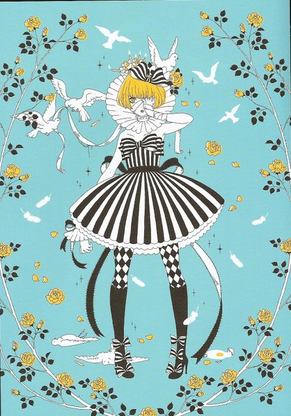 Anime picture 1094x1562 with original kira imai (artist) tall image short hair blonde hair yellow eyes lolita fashion checkered gothic bandage over one eye death girl dress flower (flowers) bow animal petals boots sweets bird (birds)